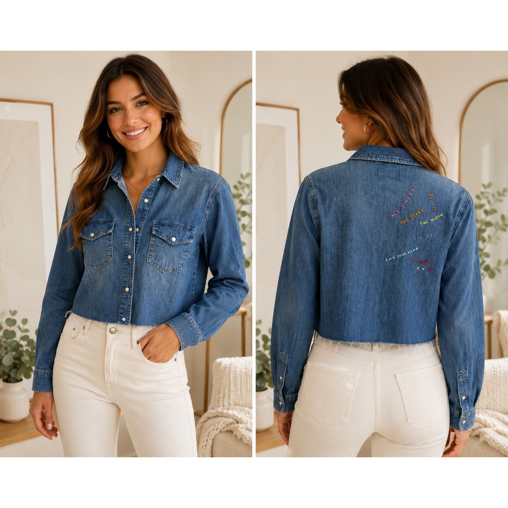 Sundry Cropped Denim Western Shirt Embroidered Back Medium Wash Celestial Size 0
